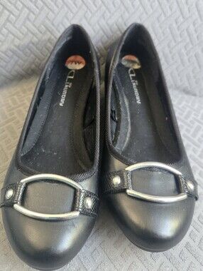 Leather-Look Black Ballet Flats with Silver Hardware